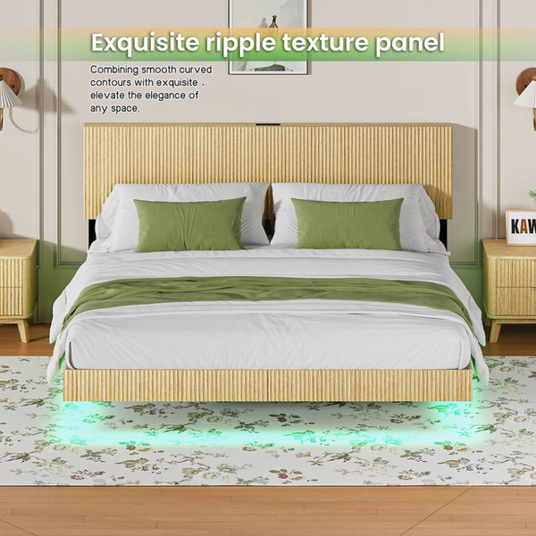 English Elm Oak Queen Floating Bed Walnut Finish Wavy Headboard Led Lighting Built in Charging W1820P408091
