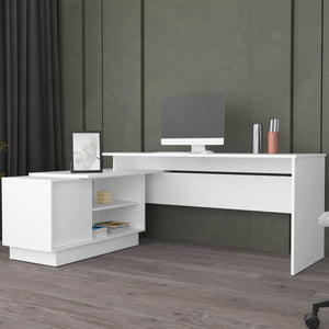 English Elm L-Shaped Desk with Right Return — Spacious 59" Work Surface, Cabinet + Shelves for Office Storage White 44.88 L x 26.77 W x 6.3 H B097S00182