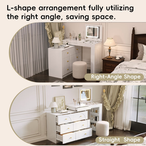 English Elm Vanity LED Mirror Desk with Flip-Top Dual Function, 7 Drawers & Multiple Shelves for Organized Glam White 32.28 L x 19.69 W x 8.86 H N733S363650K