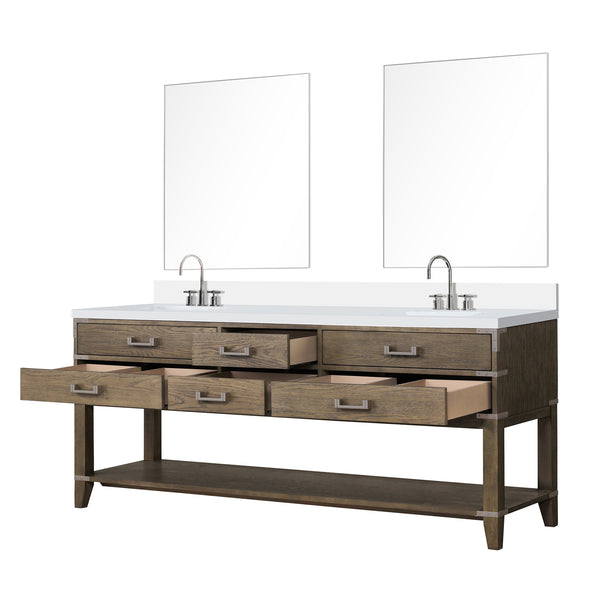 English Elm Grey Oak Double Bath Vanity With White Quartz Top, Chrome Faucet Set & 2 Matching 36" Mirrors B2731S01912