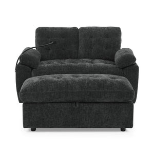 English Elm Leisure Chenille Two Seat Reclining Sofa with Usb Port Storage Ottoman Padded Armrests Black W487S00521