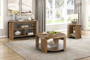 English Elm Stylish Oak Veneer 3 Piece Occasional Set with Swivel Cocktail Table and Open Shelves B011S02495