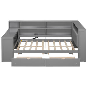 English Elm Wood Full Platform Bed with Led Headboard Built-in Desk Charging Station and Storage Shelves Grey N7090001047E-1