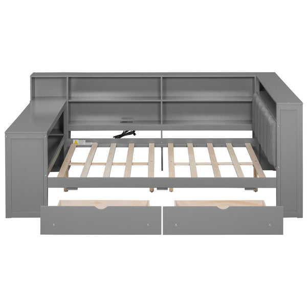 English Elm Wood Full Platform Bed with Led Headboard Built-in Desk Charging Station and Storage Shelves Grey N7090001047E-1
