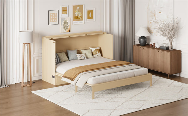 English Elm Queen Murphy Wall Bed with Usb Ports Storage Drawers and Cabinet Style Panel Front Gold N708S00010G-1