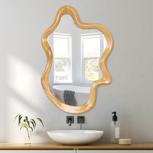 English Elm 33.46" Irregular Wall Mirror with Natural Wood Frame — Organic Flowing Shape, Clear Reflection, Easy Mounting W2295P365037