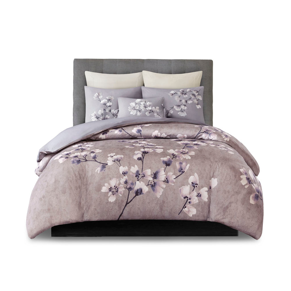 JLA Home N Natori - 3 Sakura Blossom Cotton Sateen Duvet Cover Set — Lilac Cherry Blossom Print, Embroidered Shams, OEKO-TEX 96 L x 92 W x 0.13H NS12-3257