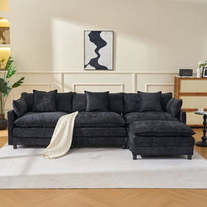 English Elm 108" L-shaped Chenille Cloud Sectional Deep Seat Sofa with Ottoman for Living Rooms Black W3244S00004
