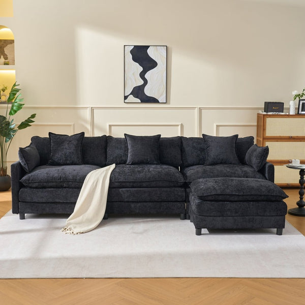 English Elm 108" L-shaped Chenille Cloud Sectional Deep Seat Sofa with Ottoman for Living Rooms Black W3244S00004