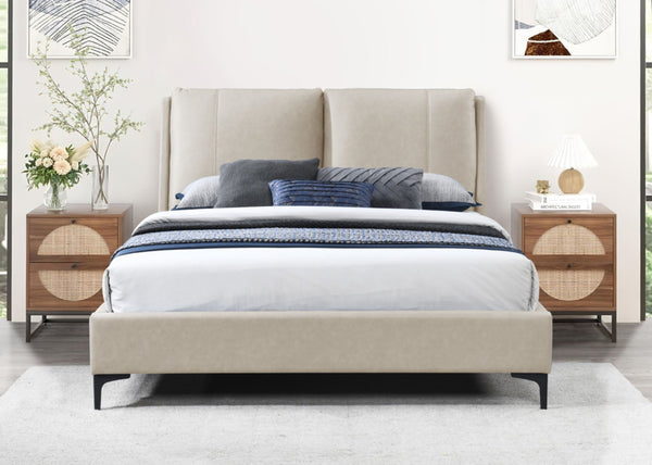 English Elm Upholstered Plush Queen Bed with Padded Headboard and Platform Base, 100% Polyester Luxury Finish Tan 96.5 L x 13.5 W x 9 H B2699S00040