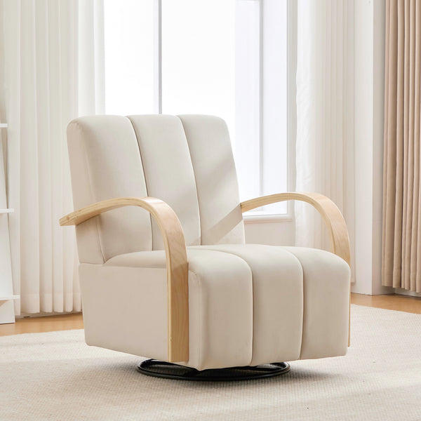 English Elm 30.7"W Modern Upholstered 360° Swivel Accent Chair with Solid Wood Arms, Channel Tufted Comfort and Metal Base Beige W3118P339624