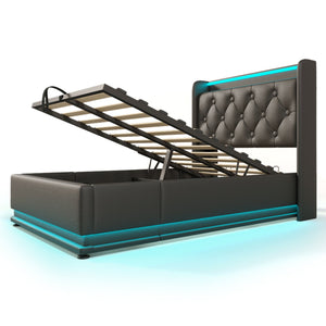 English Elm Twin Upholstered Bed with Hydraulic Storage, Surround LED, App/Remote Control & USB Type-C Charging Black N736P188805B