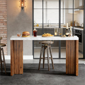 English Elm Coffee Bar Table with Faux Marble Top and Walnut Legs for Modern Home Dining T3971P454244
