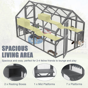 English Elm Cat, Cat Outdoor Wooden Enclosure with Seven Platforms Resting Boxes and Waterproof Canopy W1598S00040