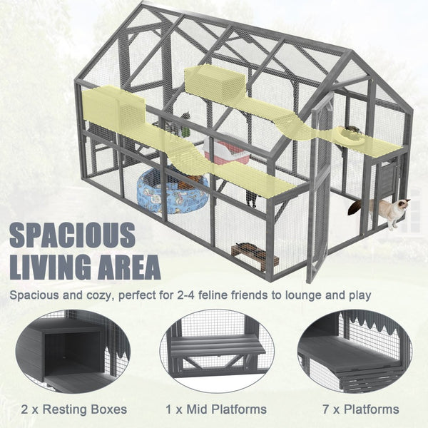 English Elm Cat, Cat Outdoor Wooden Enclosure with Seven Platforms Resting Boxes and Waterproof Canopy W1598S00040