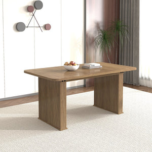 English Elm Modern Beige Brown Dining Table for 6-10 with Double Pedestal, Vertical Stripe MDF Top, Sturdy Design W1347S00012