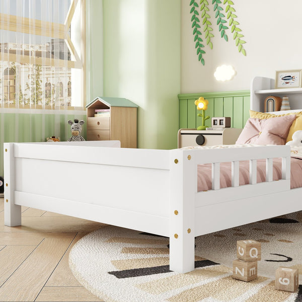 English Elm Twin Pine Wood Bed with Bookcase Headboard LED Motion Sensor Light Guardrails Ample Storage Space White W504P277596