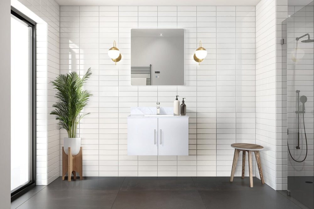 English Elm Glossy White Bath Vanity 30 In. W X 22 In. D With Durable Carrara Marble Top & Soft-Close Storage B2731P258476