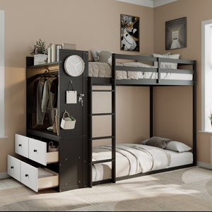 English Elm Twin Bunk Bed with Storage Drawers Hanging Rail Led Shelves and Pegboard Organizer Black LT000282AAB