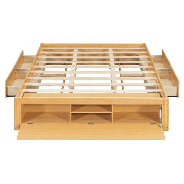 English Elm Queen Platform Storage Bed with Hydraulic Lift Footboard and Four Drawers Antique Finish Natural LP000139AAN