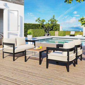 English Elm U_Style Outdoor Iron Rattan Sofa Set with Table — Rustproof, Waterproof, Cushioned Comfort for Garden Relaxation Beige WY000434AAA