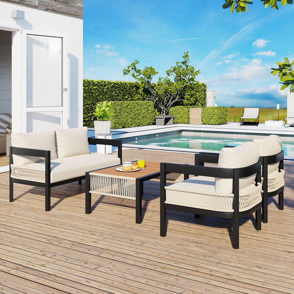 English Elm U_Style Outdoor Iron Rattan Sofa Set with Table — Rustproof, Waterproof, Cushioned Comfort for Garden Relaxation Beige WY000434AAA