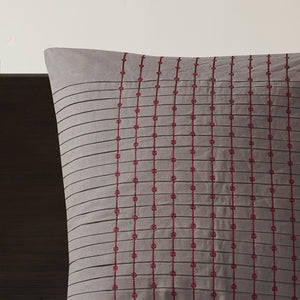 JLA Home N Natori - Euro 26x26 Cherry Blossom Euro Sham in Dark Grey Cotton Sateen with Tailored Pleats & Red Embroidering Elegance NS11-1824A