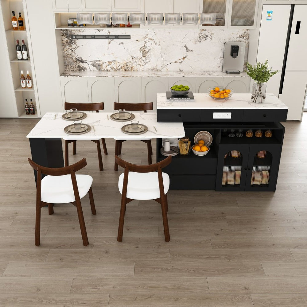 English Elm Kitchen Island Dining Set Marble Veneer Rotating Top Solid Wood Chairs Retro Modern White W2700S00121