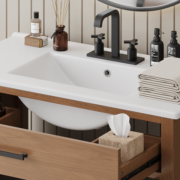 English Elm Christopher Knight Home® - 36" Rattan Bathroom Vanity with Ceramic Sink and Soft-Close Drawers, Handwoven Door Texture, Solid Wood Legs, Spacious Storage Elegance Brown N817P271077B