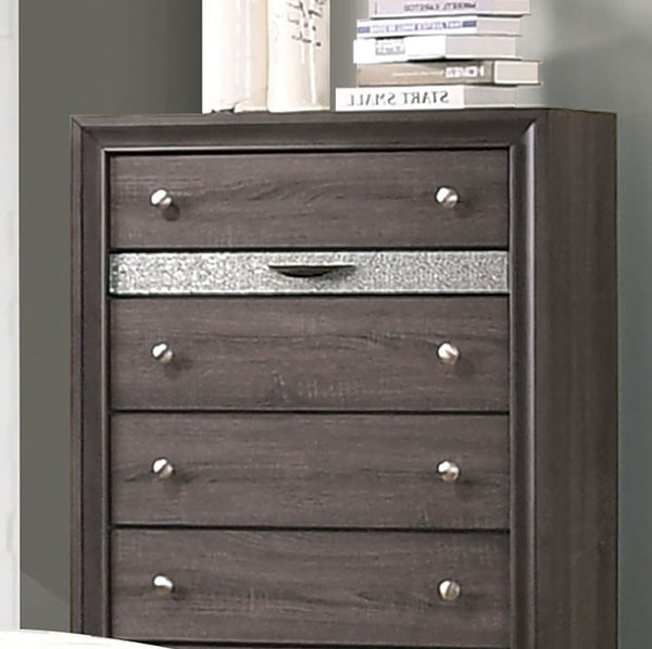 English Elm Gray Finish Contemporary Chest with Hidden Jewelry Drawer, Silver Knobs, Gleaming Bedroom Accent B2741P375930