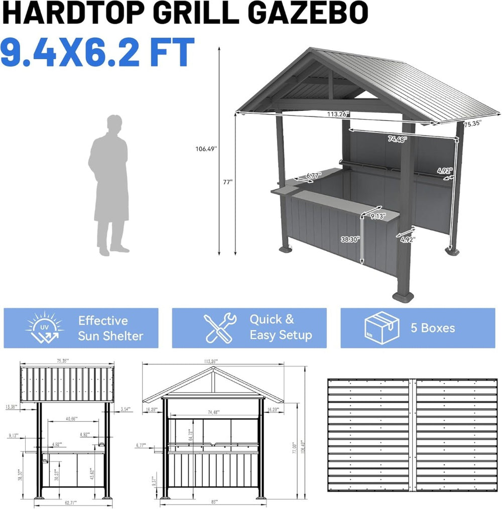 English Elm 9.4x6.2 Ft Hardtop Grill Gazebo Galvanized Steel Gable Roof with Shelves Patio Backyard Gray W1859S00207