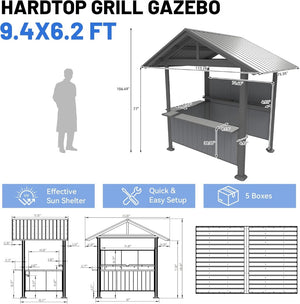 English Elm 9.4x6.2 Ft Hardtop Grill Gazebo Galvanized Steel Gable Roof with Shelves Patio Backyard Gray W1859S00207