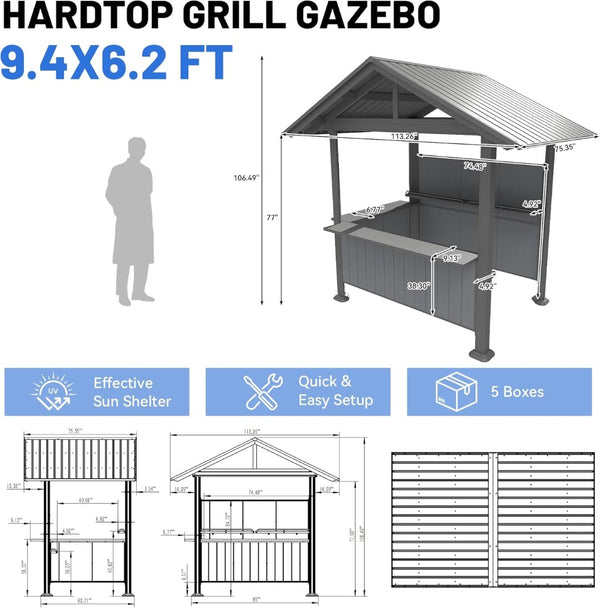 English Elm 9.4x6.2 Ft Hardtop Grill Gazebo Galvanized Steel Gable Roof with Shelves Patio Backyard Gray W1859S00207