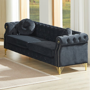 English Elm 82-inch Velvet Chesterfield Sofa Tufted Button Back with Copper Studs and Gold Metal Legs Black W834S00619