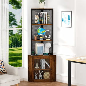 English Elm Corner 65" Corner Cabinet with Doors, 6-Tier Freestanding Storage Shelf w/Wine Rack, USB & AC Power T3177P268172