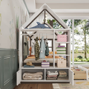 English Elm Twin House Frame Bed Pine Wood with Storage Drawers and Shelves for Kids Bedroom W1580S00573