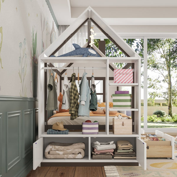 English Elm Twin House Frame Bed Pine Wood with Storage Drawers and Shelves for Kids Bedroom W1580S00573