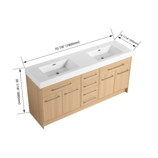 English Elm 72" Freestanding Bathroom Vanity with Double Resin Sink, Original Oak Finish, 4 Doors & 6 Drawers, Soft-Close W1972P315234