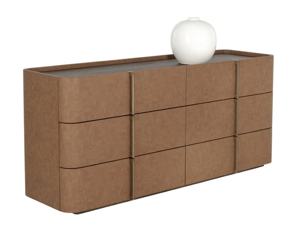 Sunpan JAMILLE Dresser - Contemporary Cream Faux Leather & Oak Veneer Storage with Six Spacious Drawers 112261