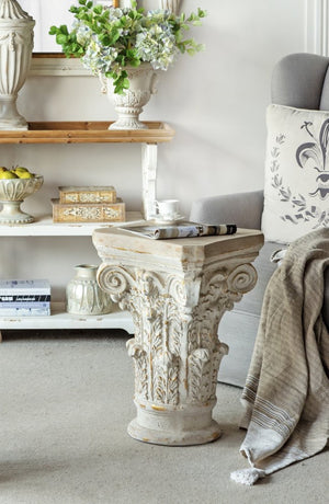 English Elm 16x16x24.5" Classical Scrollwork Pedestal with Distressed Gold Accents for Elegant Displays W2078P484428