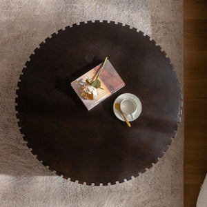English Elm Round Handcrafted Olive-Shaped Coffee Table with Sturdy MDF Pedestal, Ready-to-Use Living Room Accent Walnut,Walnut+black W3081P255062