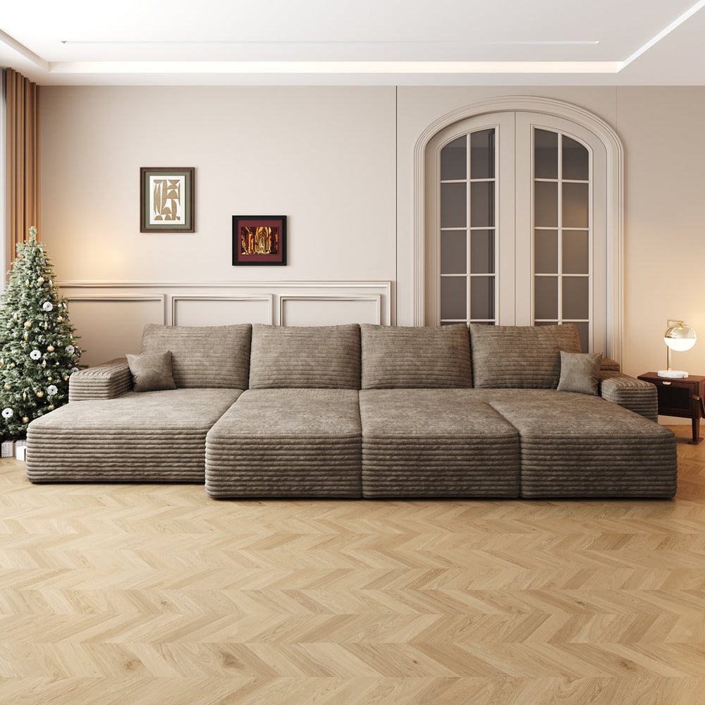 English Elm 135"Large Modular Cloud Sofa - 6-Seater Down Sofa Bed In Camel Plush Corduroy, No Tools Needed! W2824S00064