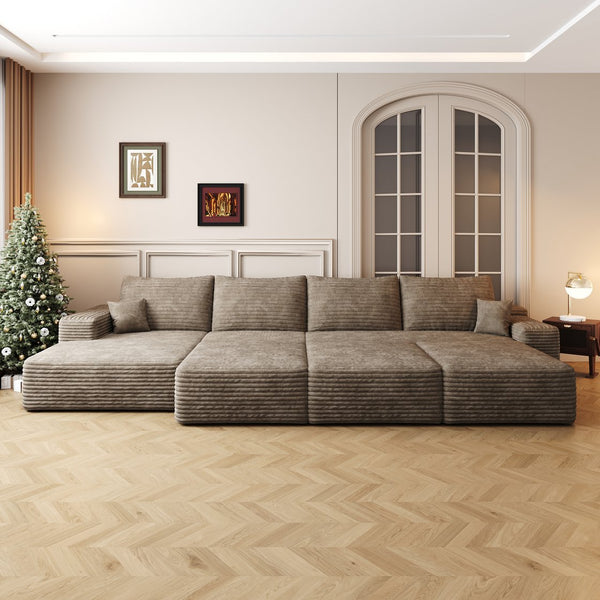 English Elm 135"Large Modular Cloud Sofa - 6-Seater Down Sofa Bed In Camel Plush Corduroy, No Tools Needed! W2824S00064