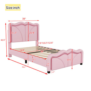 English Elm Twin Upholstered Platform Bed with Curved Headboard, Adjustable Heights, Sturdy Pine Frame, LED Accent Lights Pink WF323748AAH