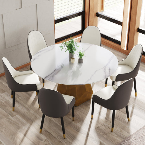 English Elm 59.05" Round Marble Dining Table - Elegant Artificial Marble For 6-8 People In White Finish W1535S00371