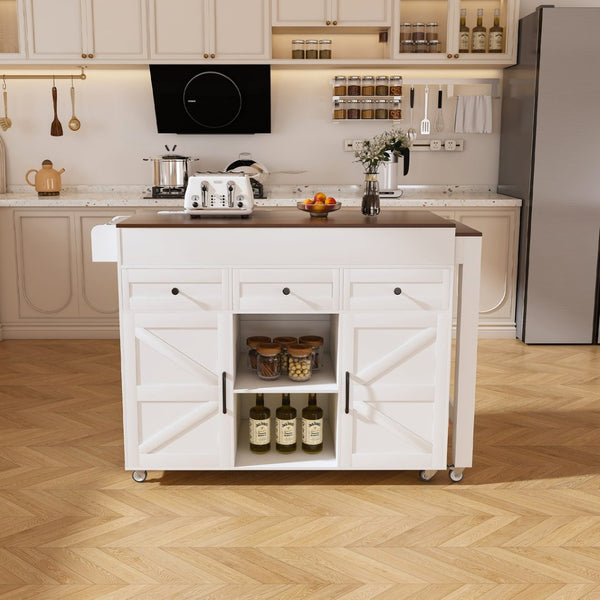 English Elm 74.8" Rolling Kitchen Island Extendable Marble Veneer Top with Power Outlet and Storage W2700S00105