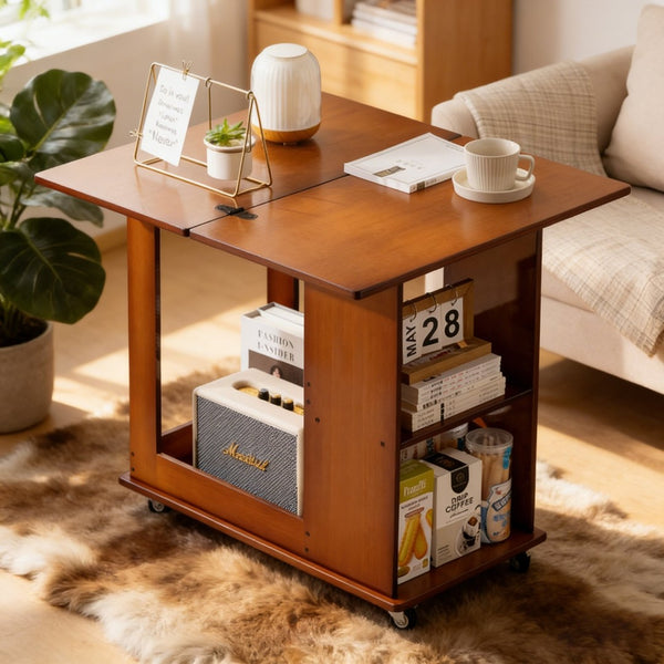 English Elm Bamboo Folding Side Table with Integrated Storage for Bedroom or Sofa Spaces W2641P454908
