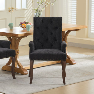 English Elm Upholstered Chenille Dining Chair with Hand-Tufted Back, Curved Solid Wood Legs, Comfortable Armseat Black W1143P346928