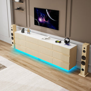 English Elm Fluted 6 Drawers Dresser with LED Lighting, Anti-Tip Safety, Smooth Slides & USB-Controlled Glow W688P194155