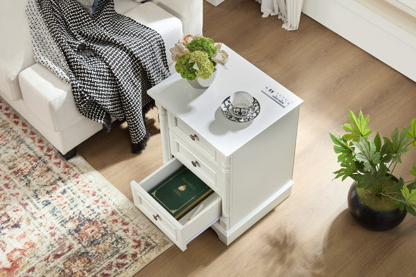 English Elm Farmhouse Rustic Nightstand with Built-in Charging Station Barn Wood Grain Storage White W2393P324436